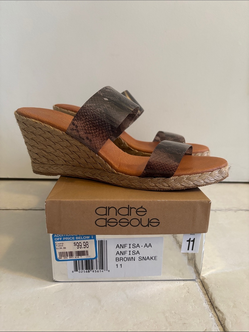 Andre Assous Brown Snake Print Espadrille Wedge Sandals